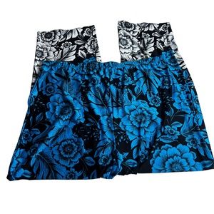 Sunny Leigh Floral Blue Black Stretch Elastic Waist Made in USA Palazzo Pants 2X